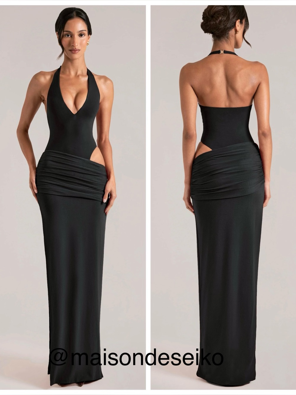 NEW Oh Polly Maxi Dress Black Oona Deep Plunge Halter Side Cutout size XXS